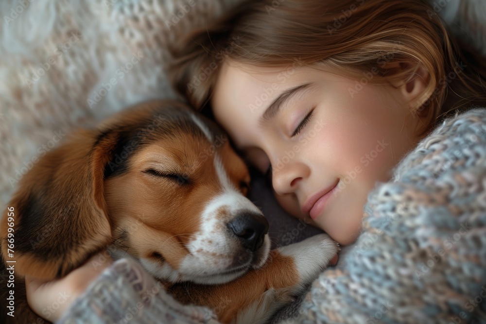 Serene child cuddling with a sleeping puppy in a cozy setting Serene child cuddling with a sleeping puppy in a cozy setting