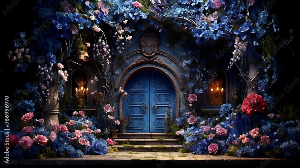 Enchanting Floral Tapestry: A Vibrant Wall adorned with a Myriad of Flowers framing a Rustic Blue Wooden Door, Inviting Serenity and Charm