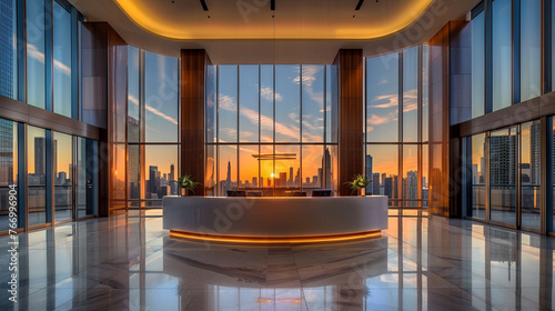 A panoramic lobby view capturing the reception desk against floor-to-ceiling windows, offering expansive city skyline vistas in the warm hues of sunset.