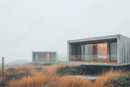 Tranquil foggy field with two small cabins surrounded by tall grass and a sense of isolation