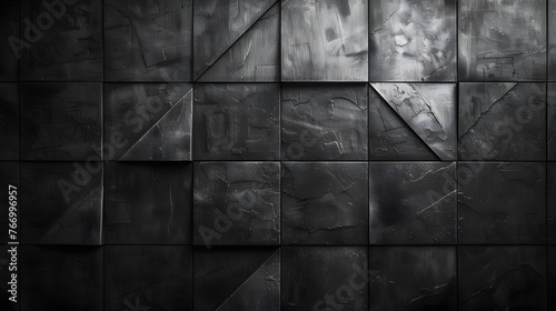 black abstract, wallpaper, monochrome design, neat symmetrical pattern, parallelogram tiles, right lower third lighting photo