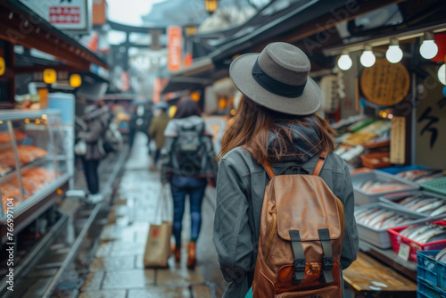 Female Traveler Exploring a Bustling Traditional Market Street