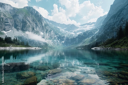 A serene mountain lake with a reflection of the sky, 8k, realistic, full ultra HD, high resolution, cinematic