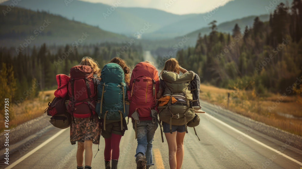 Four friends with large backpacks wander along a forest road, with towering trees and mountains ahead, exuding friendship and exploration spirit - obrazy, fototapety, plakaty 