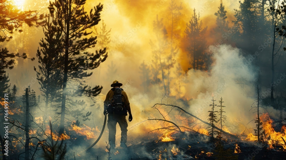 Firefighter forest fire, trees in smoke, Firefighter forest fire, trees in smoke,
