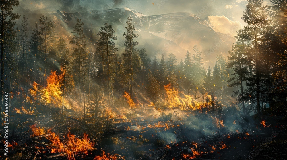 Forest fire in progress. Composite with different Forest fire in progress. Composite with different