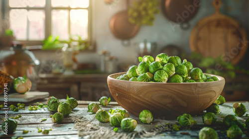 Fresh Brussels Sprouts in Wooden Bowl on Rustic Kitchen Counter