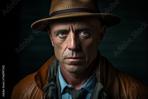 Portrait of a man in a hat and leather jacket on a dark background.