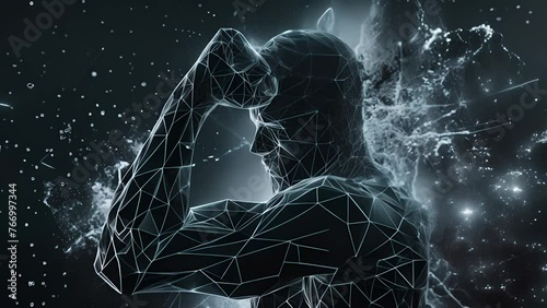 A digital human silhouette outlined with network connections in blue light, depicting the concept of strength, interconnectivity, and the robust nature of the digital age. photo