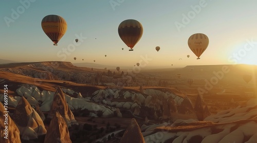 Hot air balloons flying over open Field