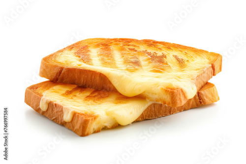 A close-up view of two slices of delicious grilled cheese bread, golden brown, topped with fresh green parsley, isolated on a white background.