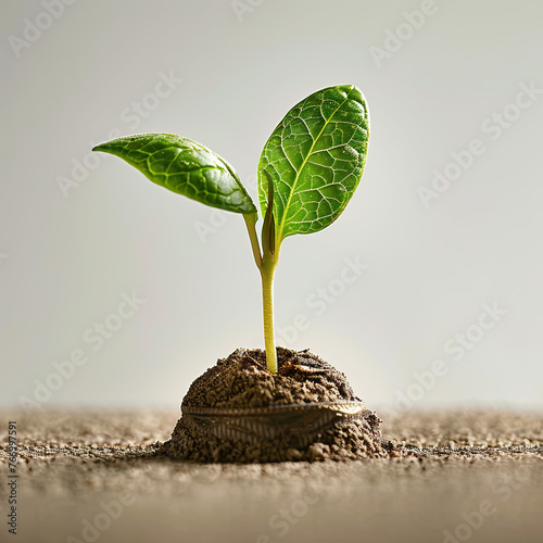 A small plant is growing in the dirt with a coin on top of it. Concept of growth and new beginnings, as the plant is just starting to sprout