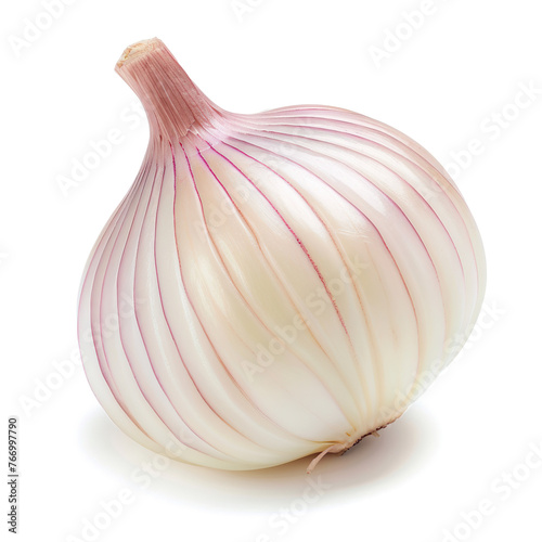 A large white onion with pink stripes. The onion is fresh and ready to be used in a recipe