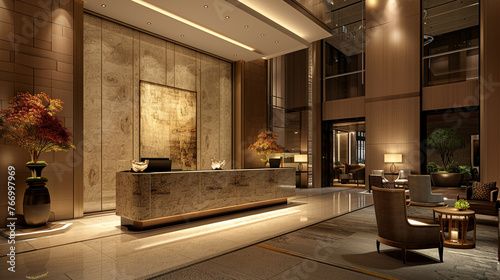 An evening charm envelops the lobby, with gentle lighting accentuating the reception desk and enhancing the opulent textures of the decor, exuding an air of refined luxury.