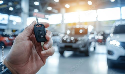 A person is holding a car key in a car dealership