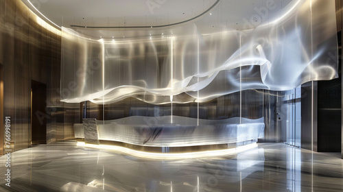 Architectural marvel in the lobby, featuring a reception desk of translucent materials reflecting light and creating an ethereal ambiance.