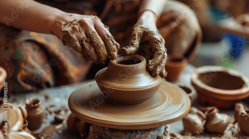 Pottery at Home: Someone shaping clay on a small pottery wheel in a home setting, 