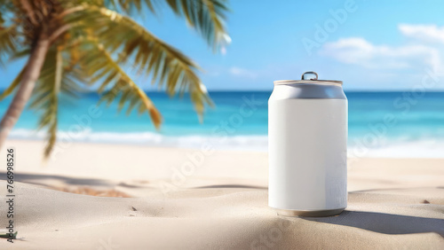 a stunning mockup of a soda can against a beach backdrop, with the can positioned at a slight angle on a sandy surface © cherif