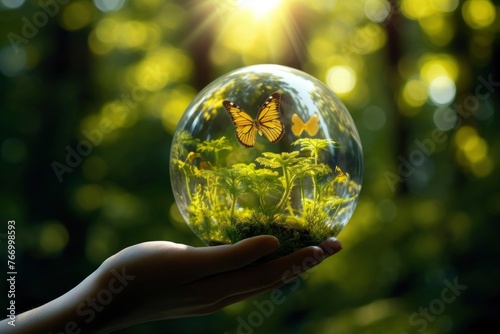 Earth crystal glass globe ball and growing tree in human hand, flying yellow butterfly on green sunny background. Saving environment, save clean planet. Card for World Earth Day - generative ai