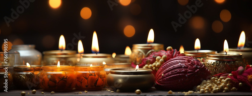 Background banner image of light festival  oil lamps and candles lighten in a Hindu cultural Diwali festival in night   