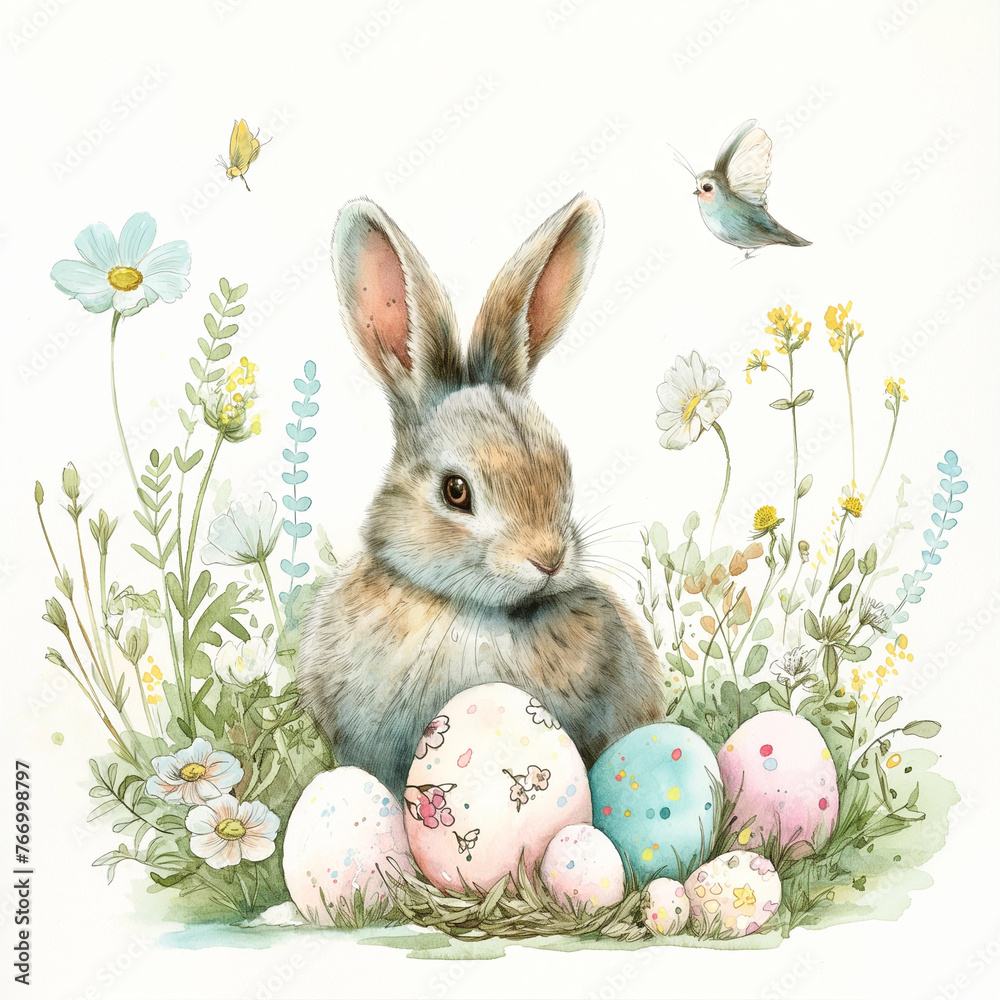 Watercolor Painting of Rabbit with Easter Eggs, Spring Floral Background