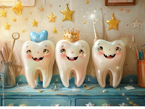 Illustrate a fantasy-themed dental clinic counter where three tooth characters and tiaras, enchantingly promote the magic of a healthy smile to visiting children, vibrant color
 photo