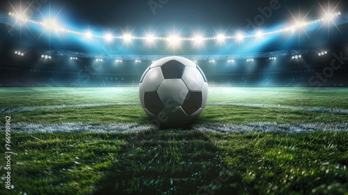 Soccer Ball in a Stadium with Lights. A classic black and white soccer ball on green grass in the center of a stadium, 