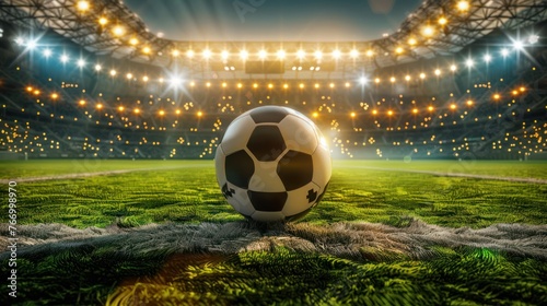 Soccer Ball in a Stadium with Lights. A classic black and white soccer ball on green grass in the center of a stadium  