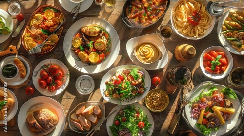 Various food dishes on table first person view realistic 