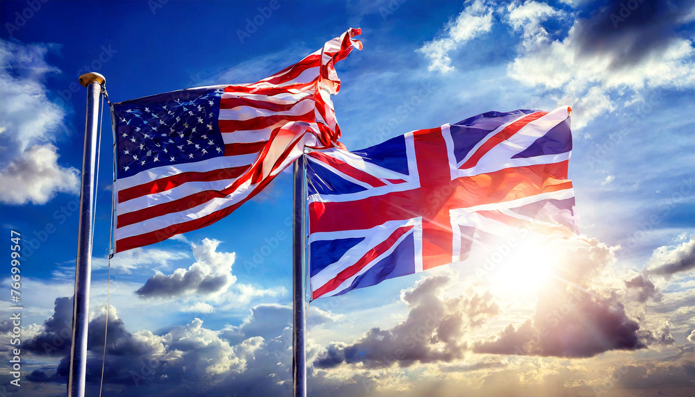 Flags of the United States of America and United Kingdom, with flagpole ...
