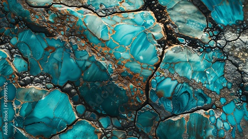 This is a close-up image of a turquoise gemstone with copper inclusions.