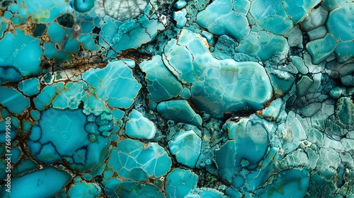 Striking turquoise rough stone surface with visible cracks and patterns. Can be used as background or texture. photo