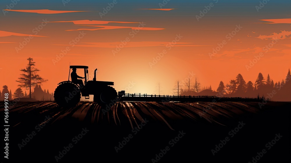 Fototapeta premium sIlhouette of farmer on tractor fixed with harrow plowing machine 