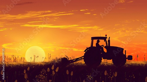sIlhouette of farmer on tractor fixed with harrow plowing machine 