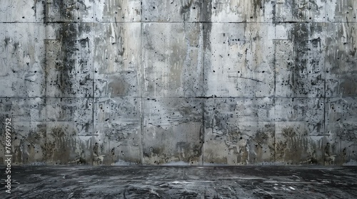 Grunge concrete wall with peeling paint and a dark, dirty floor. The perfect backdrop for your next industrial-themed photo shoot.