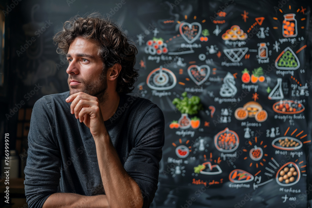 Man develops diet plan. Nutritionist is thinking about healthy food schema. Man develops diet plan. Nutritionist is thinking about healthy food schema.