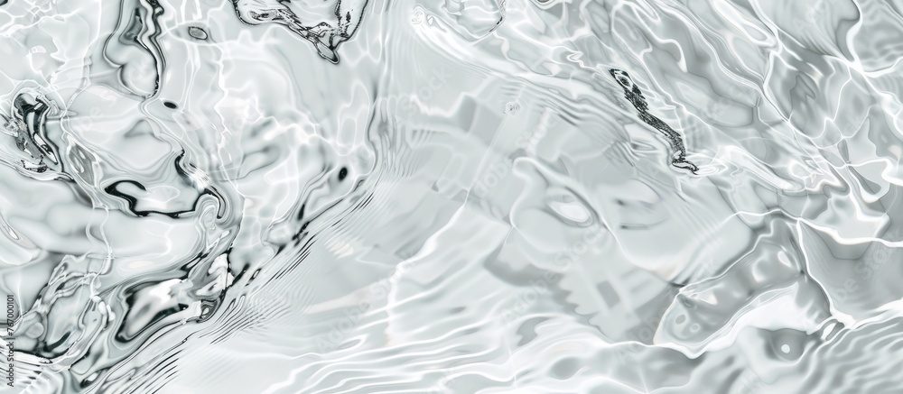 Desaturated clear water surface with ripples and splashes, creating a calm and transparent texture. Abstract natural background of white-grey water waves under sunlight,