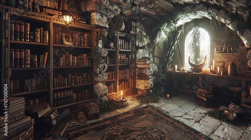 A secret passage hidden behind a bookcase, leading to a candlelit chamber filled with forgotten artifacts and mysterious symbols etched into the walls. photo