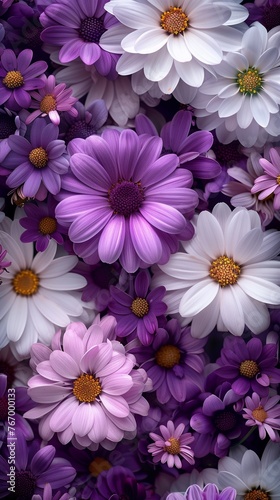 lush garden of purple daisies with white floral accents background pattern design wallpaper