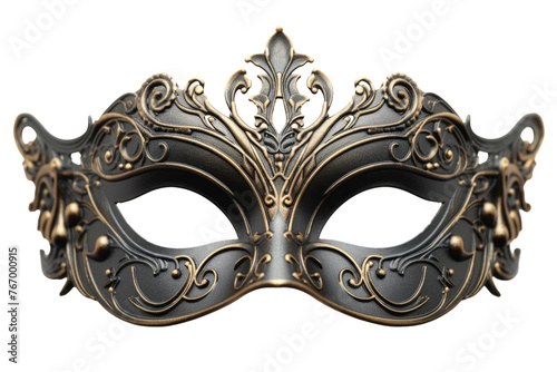 Black Masquerade Mask With Gold Filigree. On a Clear PNG or White Background.