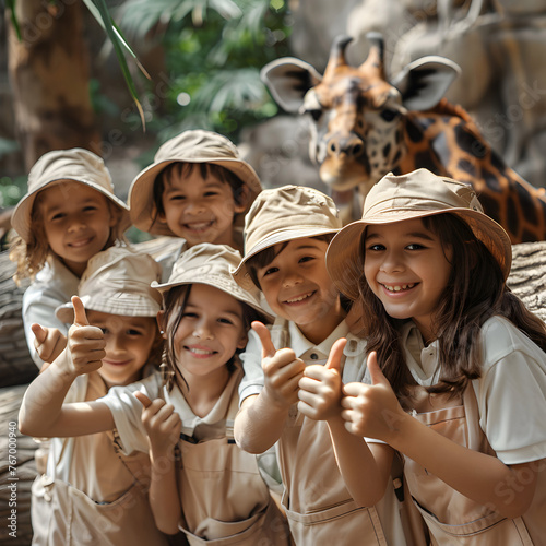 Group of children doing their dream job as Animal Keepers standing inside the animal pen in the zoo. Concept of Creativity, Happiness, Dream come true and Teamwork.