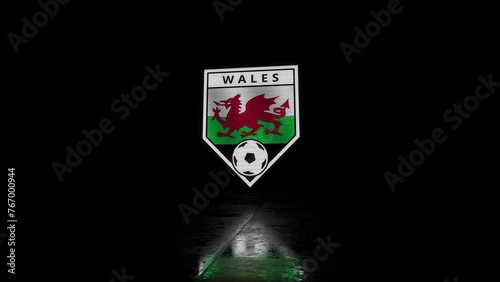 Glitchy Shield Shaped Football Badge with a Waving Flag of Wales