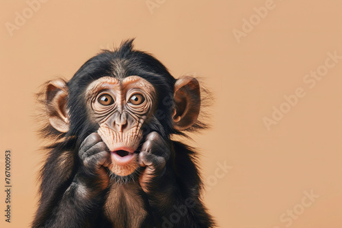 Cute, surprised monkey with large, captivating eyes on brown background. Ideal for promotions, great deals or offers. Good price, Black Friday, discount. Copy space for text. © Kassiopeia 