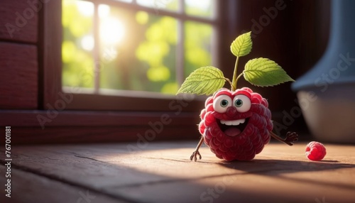 A whimsical raspberry character stands by a window, greeting the morning sun with a smile. Its plump, juicy body and sprightly green leaves cast a playful shadow on the wooden surface. AI generation