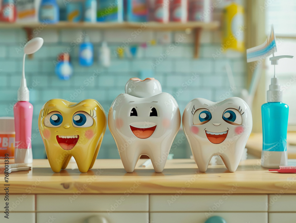 Obraz premium Visualize a dental clinic reception with three animated tooth characters on the counter