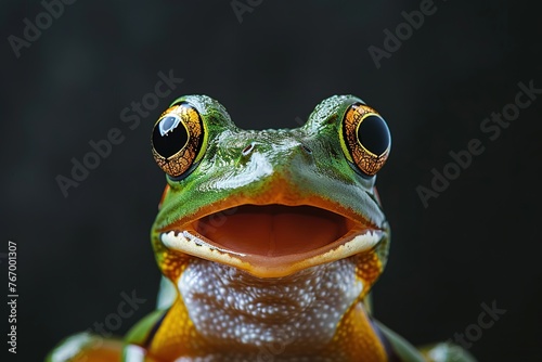 Vivid close-up of a frog with a startled expression against a black backdrop  ideal for educational content  wildlife themes  and creative projects. Copy space for text. Surprised frog.