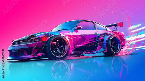 Neon-style sports car in motion with bright isolated background  Futuristic sports