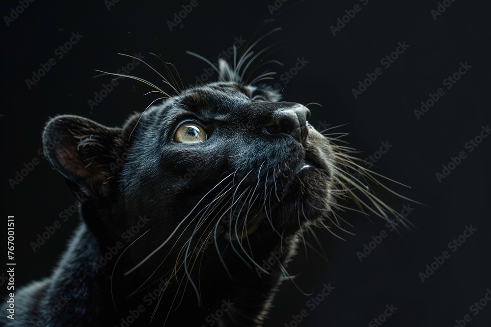 Majestic black panther portrait with deep gaze, perfect for wildlife themes, nature campaigns, or high-contrast art in ads with space for text.