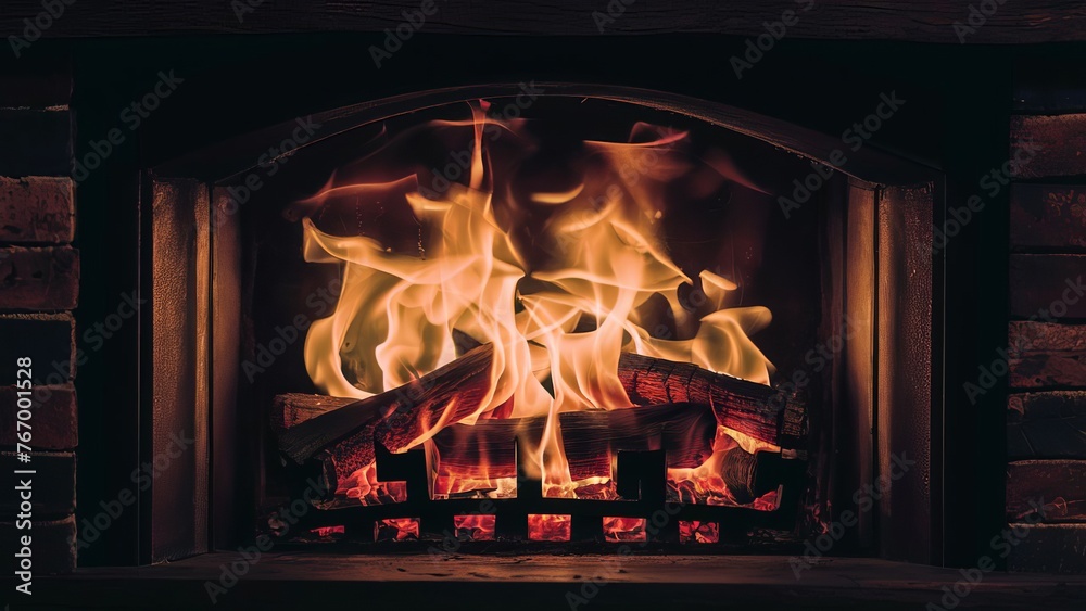 Fototapeta premium flicker and vibrant hues of a roaring fire in a fireplace, with dancing flames illuminating the darkness