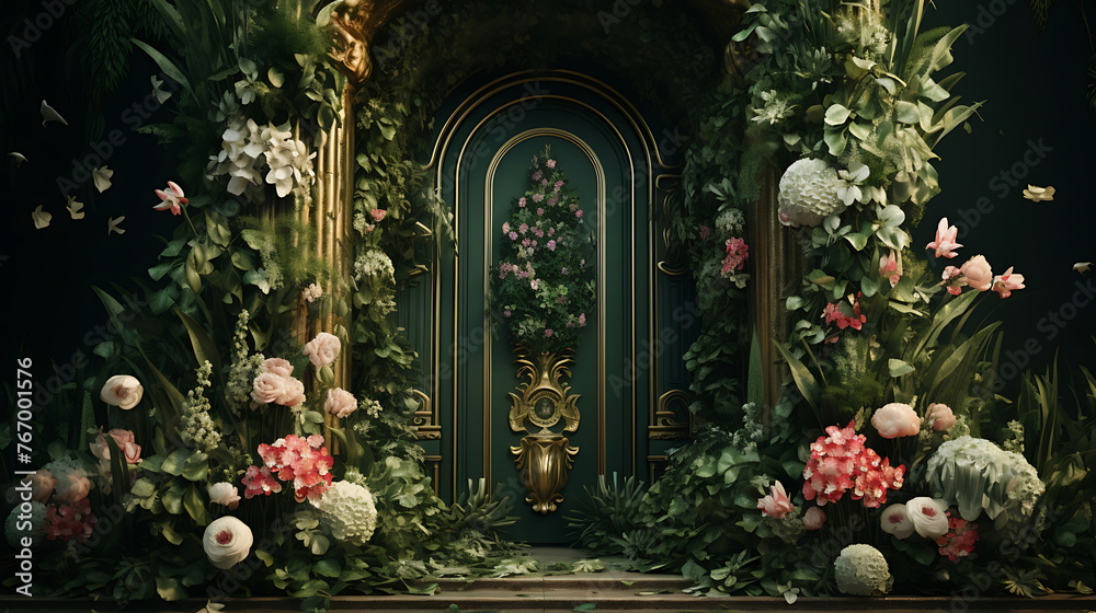 Enchanting Portal: A Verdant Wall Adorned with Vibrant Flowers Surrounds a Rustic Wooden Door, Inviting Whispers of Nature's Tranquility and Charm